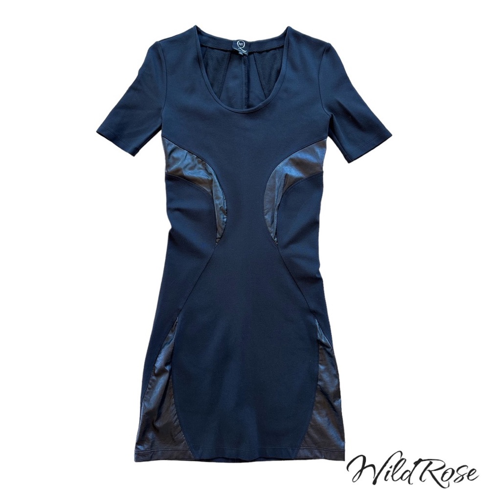 MCQ, Alexander McQueen Bodycon Stretch Black W/ Faux Leather Insert Dress SZ M